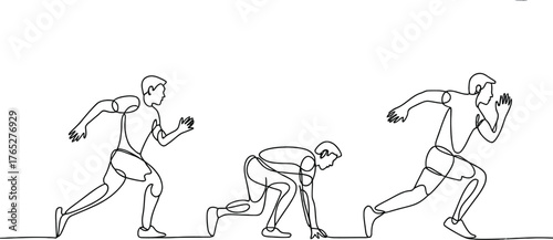 Runner in different stages of a race from start to finish.