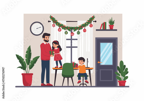 A father gives a Christmas gift to his daughter while his son sits at a desk in a decorated home interior.