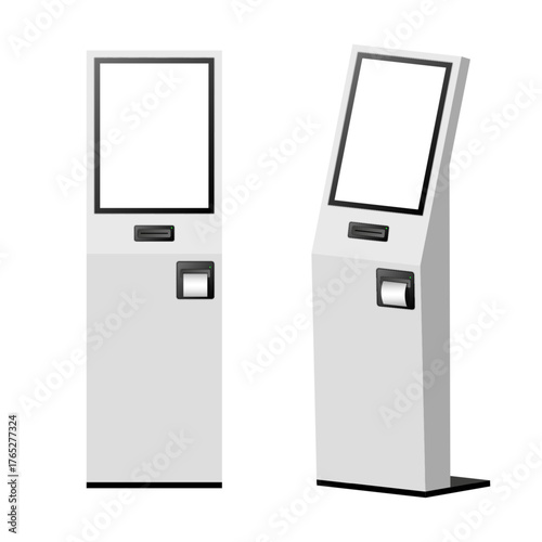 Interactive digital payment self kiosk with blank white touch screens, with bill acceptor and receipt printer slot isolated white front and isometric view, service terminal 3d vector mockup.