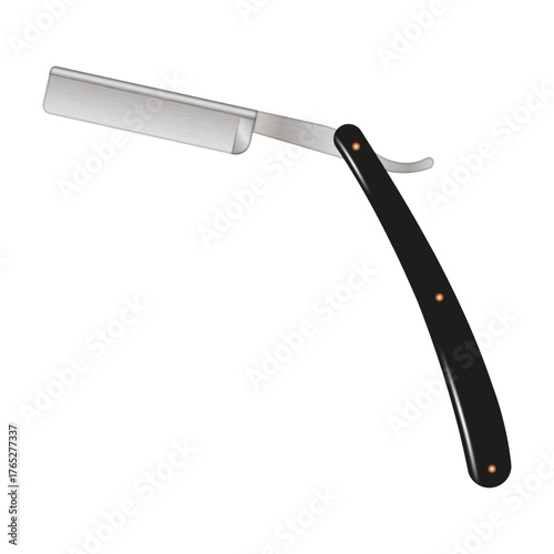 Realistic open straight razor with a shiny metal blade and a classic black handle detailed 3d vector illustration, symbolizing shaving and barbershop tools.