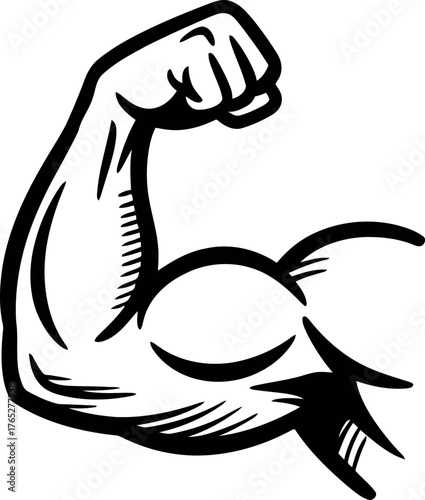 Black and white illustration of a flexed bicep with a clenched fist muscle flexing