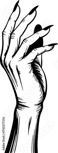 Black and white illustration of a hand with long sharp fingernails claws