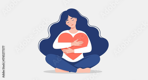 Minimalist Self-Love & Inner Peace Illustration: Woman Embracing Heart Vector