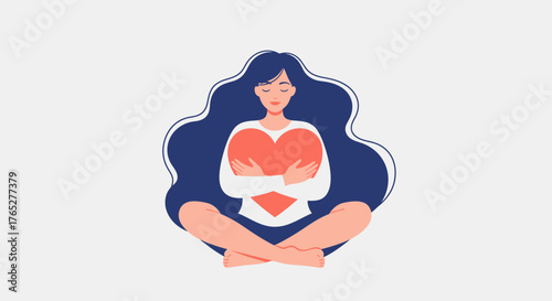 Minimalist Self-Love & Inner Peace Illustration: Woman Embracing Heart Vector