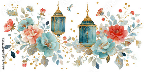 Watercolor festive floral motif with decorative lanterns capturing ramadan and eid celebration ambiance isolated on transparent background