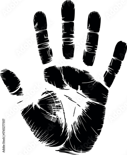 Black handprint with textured lines on white background imprint
