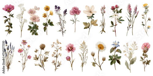 Collection of  distinct watercolor field flowers and herbs isolated on isolated on transparent background
