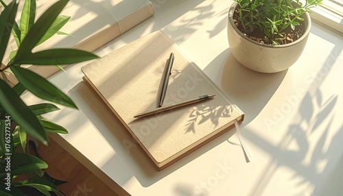 Notebook with pens resting on a table bathed in warm morning sunlight with green plants nearby casting subtle shadows providing a serene and organized workspace atmosphere