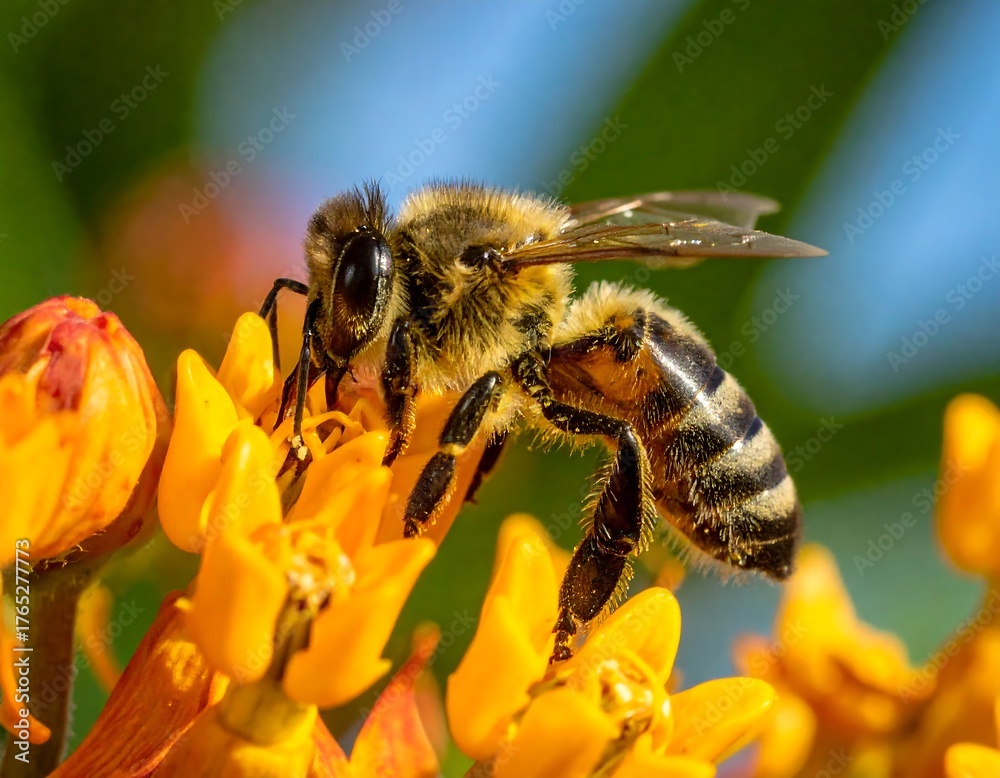 Fototapeta premium Honeybee poised on vibrant orange blossoms, wings spread, blurred background