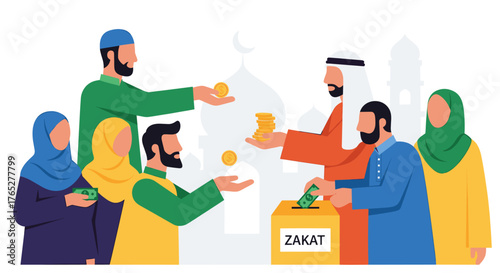 "Muslim People Giving Zakat and Charity During Ramadan"