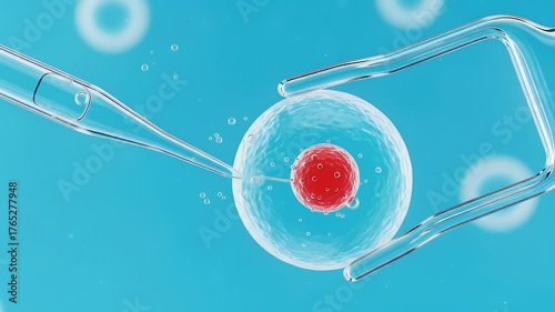 Close up of human egg cell being fertilized by pipette with transparent liquid vibrant red nucleus set against a cool blue background