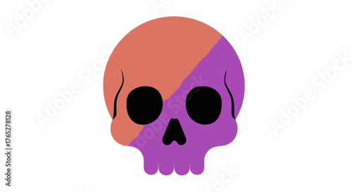 Halloween skull illustration in pink and purple colors with black eyes