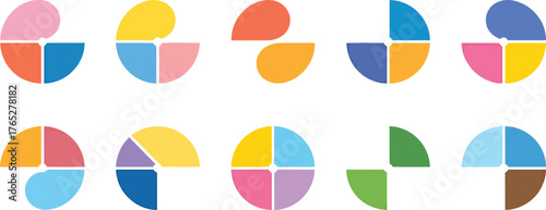 Collection of colorful geometric shapes in quadrants arranged in a grid.