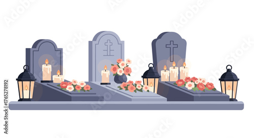 Peaceful Remembrance Gravestones Illuminated by Candles and Lanterns in a Cemetery