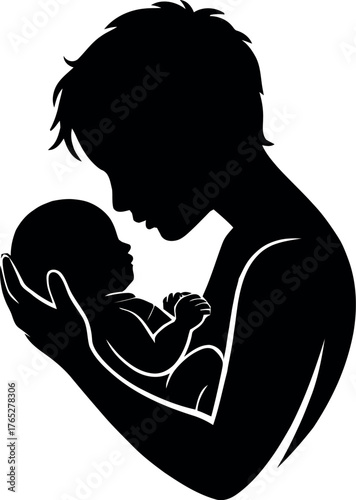 Silhouette of mother holding newborn baby close in loving embrace child infant