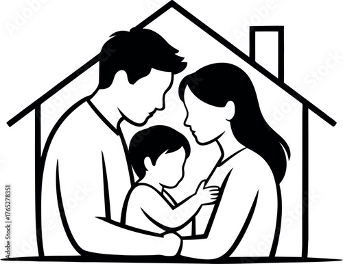 Stylized black and white illustration of a family inside a house outline home parents