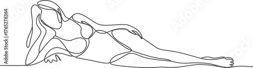 A continuous line drawing of a woman in a bikini lying down.