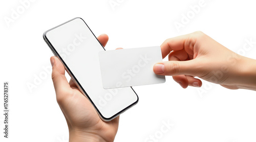 Woman holding a blank business card and using a smartphone isolated PNG with Transparent Background