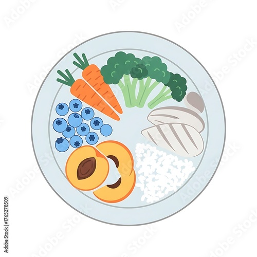 Healthy Plate with Fruits, Vegetables, and Protein Illustration.