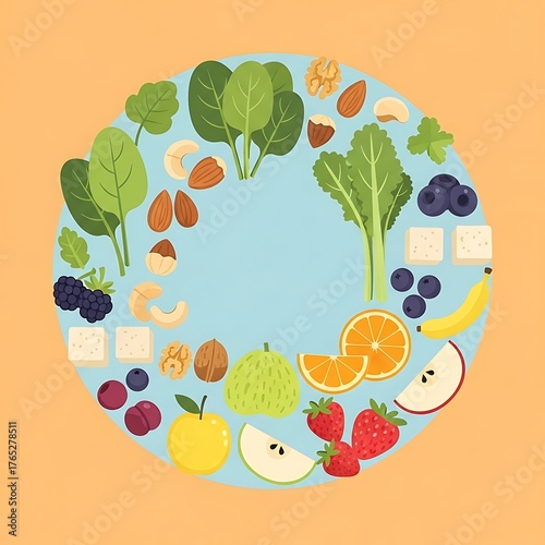 Healthy Fruits and Vegetables arranged in a Circle.