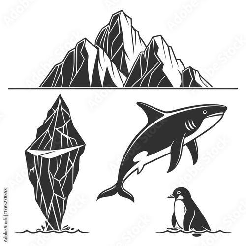 Antarctica iceberg shark and penguin graphic ocean
