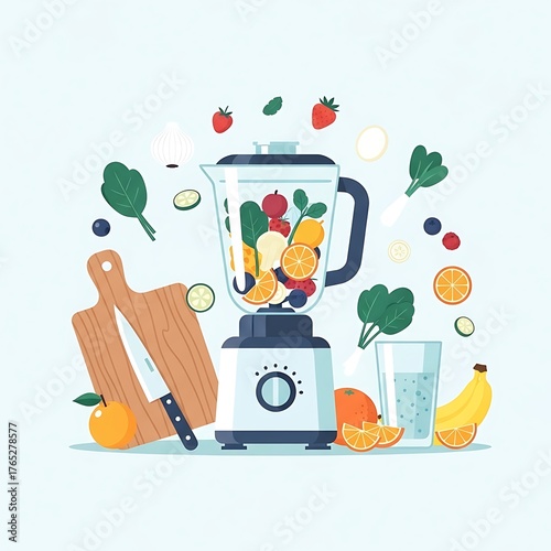 Healthy Smoothie Preparation with Fresh Fruits and Vegetables in a Blender.