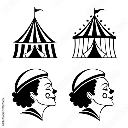 Black and white circus tents and clown profiles silhouette