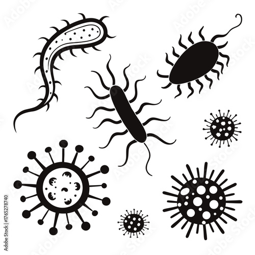 Black and white collection of stylized bacteria and viruses
