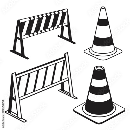 Black and white construction barriers and traffic cones 1