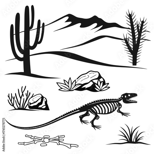 Black and white desert landscape with dinosaur skeleton and cacti