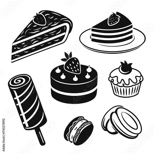 Black and white icons of cakes and desserts slice of cake