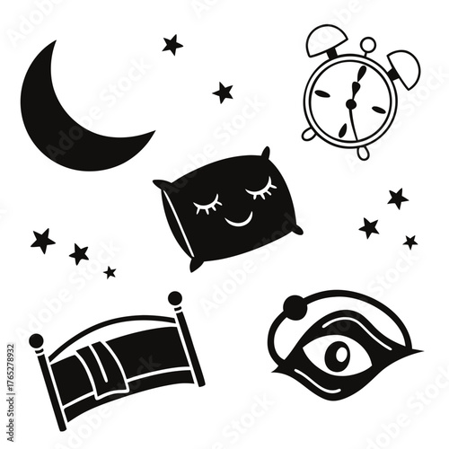 Black and white icons of sleep and nighttime elements