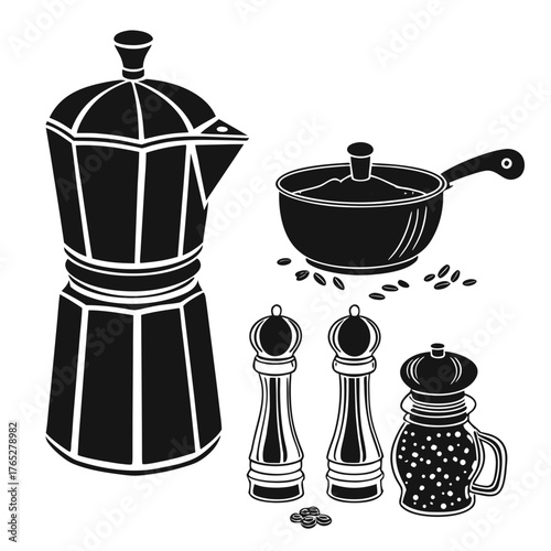 Black and white illustration of coffee maker and grinders