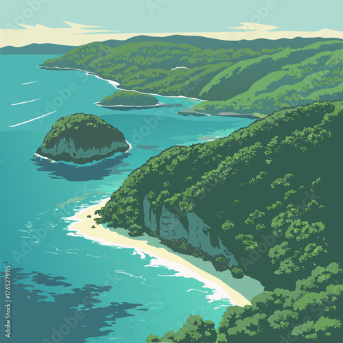 A beautiful aerial view of the tropical coastline where the river meets the blue sea, revealing a stunning beach landscape perfect for a summer vacation to Greece