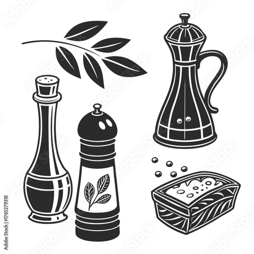 Black and white illustration of kitchen seasonings and herbs