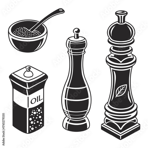 Black and white illustration of kitchen spices and oil