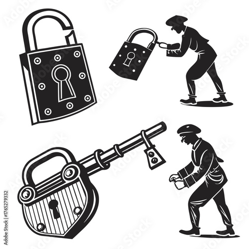 Black and white illustration of locks and figures padlock