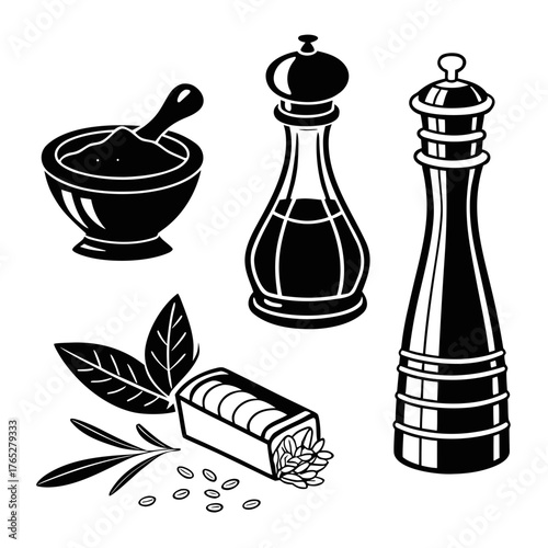 Black and white illustration of kitchen spices and grinders