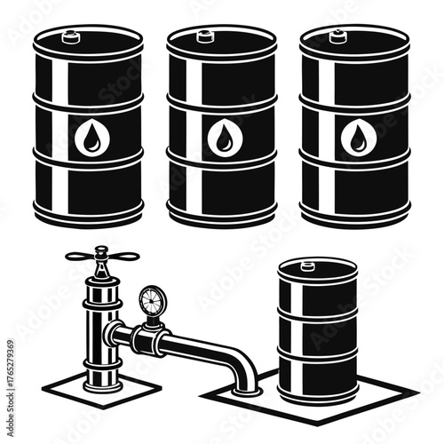 Black and white illustration of oil barrels and faucet