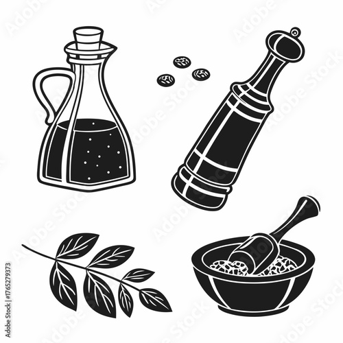 Black and white illustration of olive oil bottle pepper mill mortar and pestle and leaves