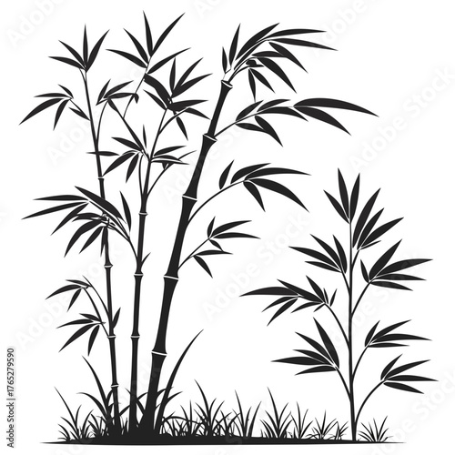 Black bamboo stalks with leaves and grass silhouette