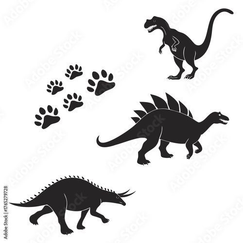 Black dinosaur silhouettes and paw prints on white