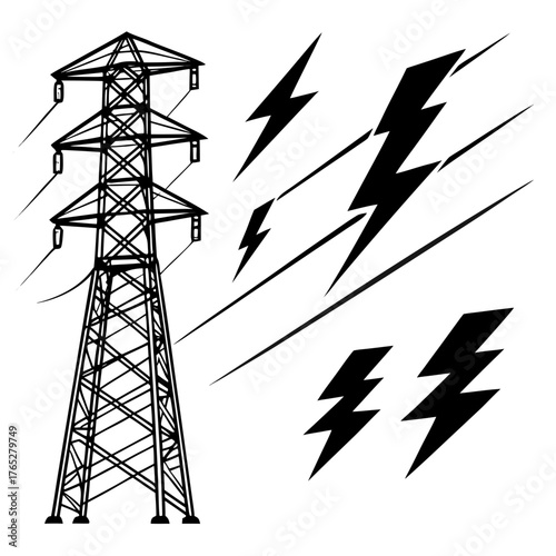 Black electricity pylon and lightning bolt graphics