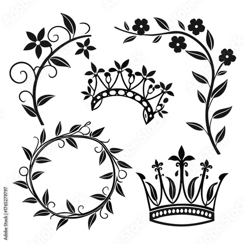 Black floral vine and crown decorative elements white