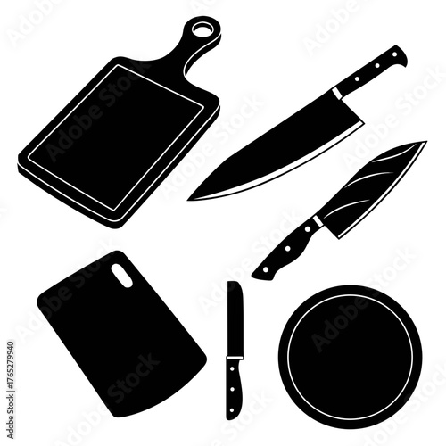 Black kitchen knives and cutting boards graphic knife