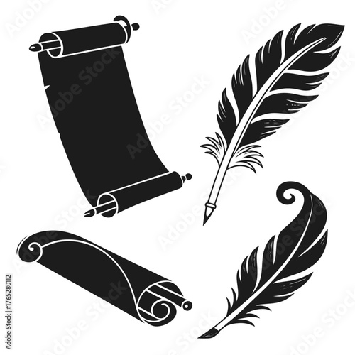 Black quill pens and rolled scrolls on white feather pen