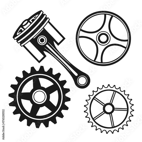 Black piston and gears on white background engine mechanical