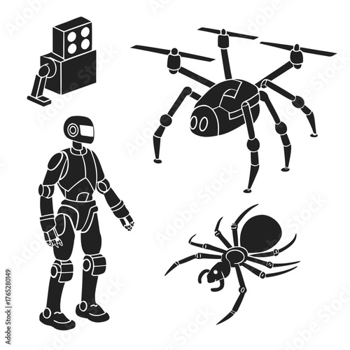 Black robot drone and spider illustrations android