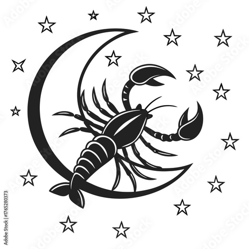 Black scorpion on crescent moon surrounded by stars