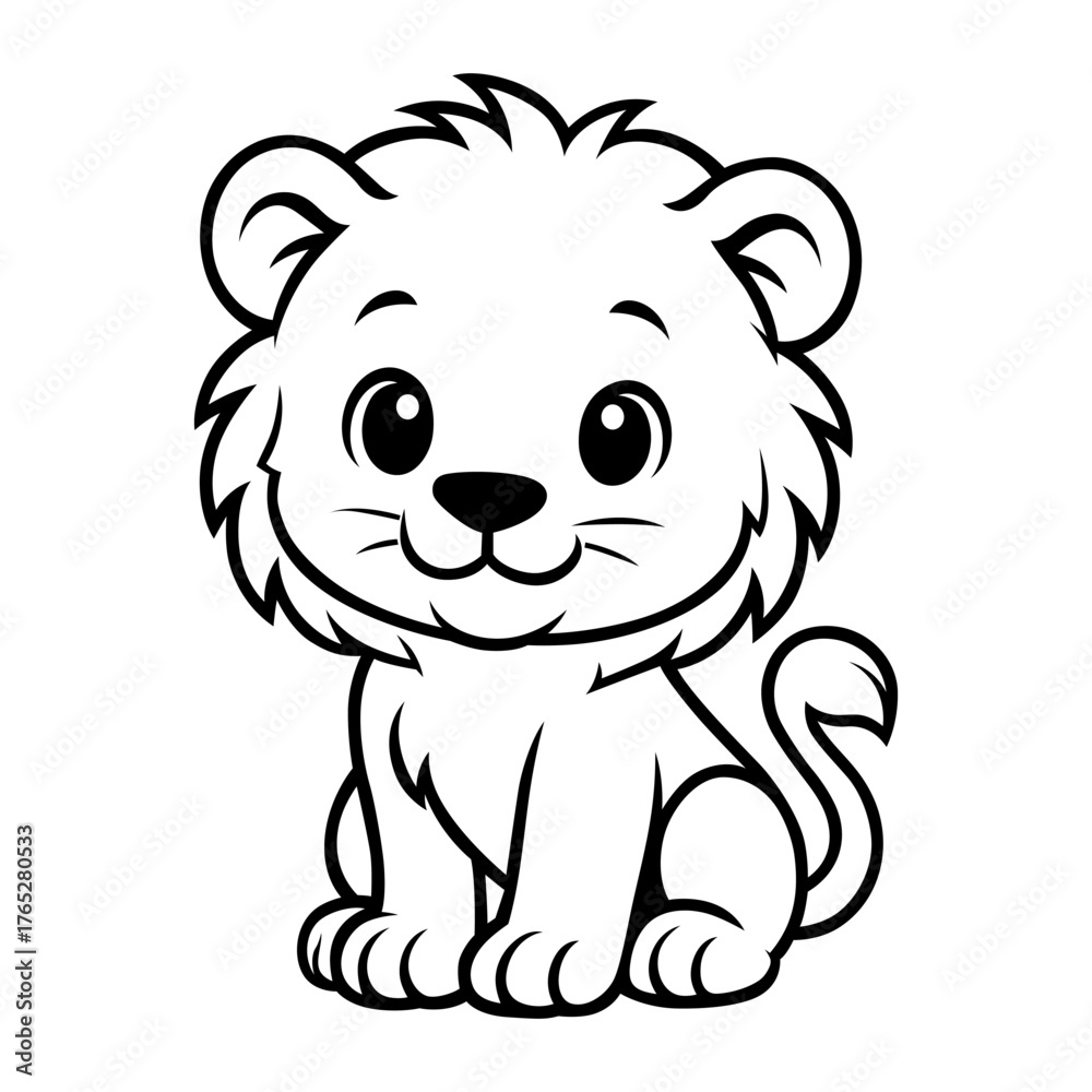Fototapeta premium Cute Lion Cub Vector Illustration – Adorable Cartoon Baby Lion in Black and White for Kids, Safari, and Animal Design